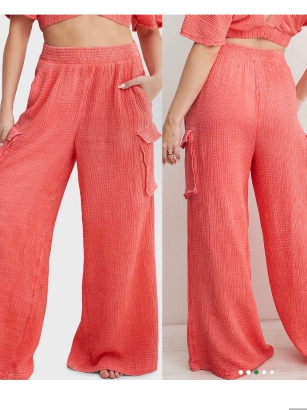 aerie Coral Wide-Leg Gauzy Cargo Pants Summer Beach
